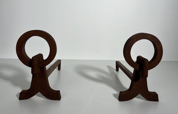 Modernist Chenets in Wrought Iron in the style of Jacques Adnet, 1950s, Set of 2-BA-1786666