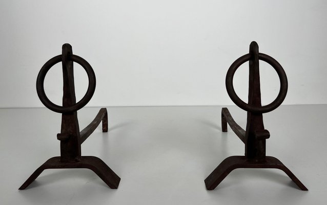 Modernist Chenets in Wrought Iron in the style of Jacques Adnet, 1950s, Set of 2-BA-1786674