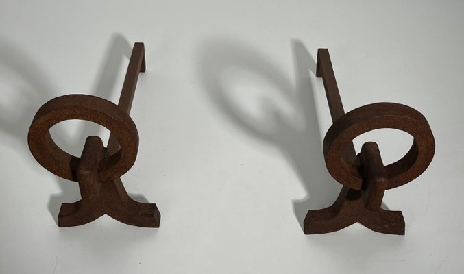 Modernist Chenets in Wrought Iron in the style of Jacques Adnet, 1950s, Set of 2-BA-1786666