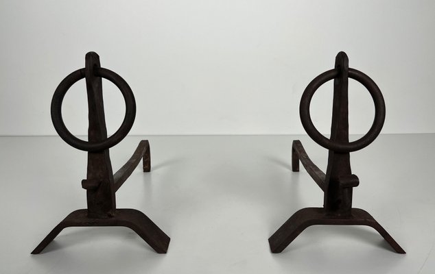 Modernist Chenets in Wrought Iron in the style of Jacques Adnet, 1950s, Set of 2-BA-1786674