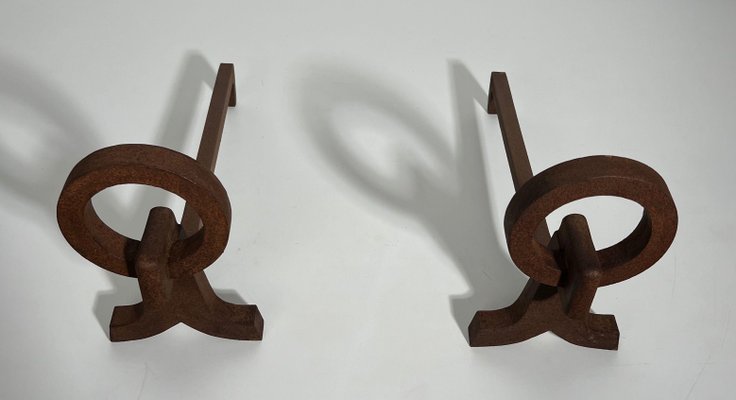 Modernist Chenets in Wrought Iron in the style of Jacques Adnet, 1950s, Set of 2-BA-1786666