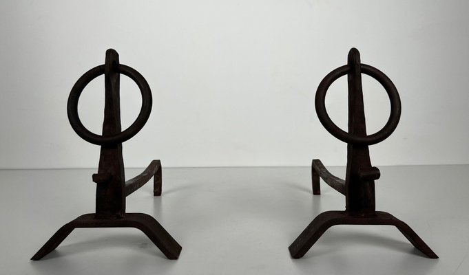 Modernist Chenets in Wrought Iron in the style of Jacques Adnet, 1950s, Set of 2-BA-1786674