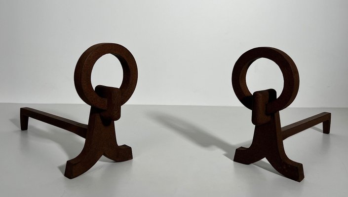 Modernist Chenets in Wrought Iron in the style of Jacques Adnet, 1950s, Set of 2-BA-1786666