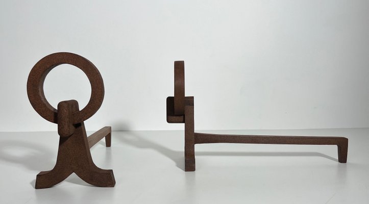 Modernist Chenets in Wrought Iron in the style of Jacques Adnet, 1950s, Set of 2-BA-1786666