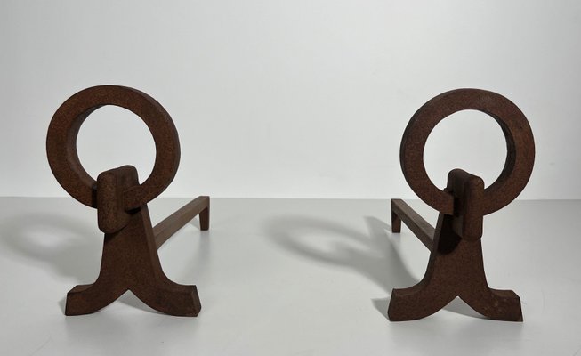 Modernist Chenets in Wrought Iron in the style of Jacques Adnet, 1950s, Set of 2-BA-1786666