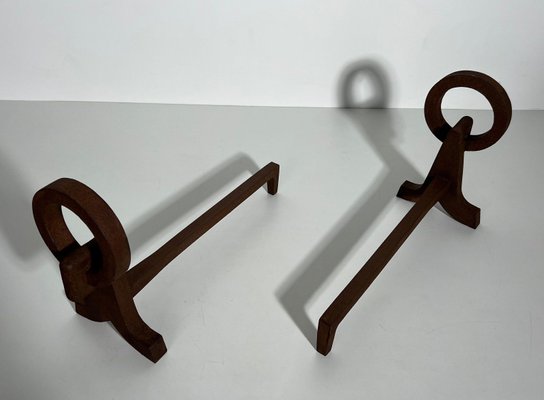 Modernist Chenets in Wrought Iron in the style of Jacques Adnet, 1950s, Set of 2-BA-1786666