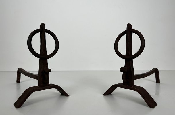 Modernist Chenets in Wrought Iron in the style of Jacques Adnet, 1950s, Set of 2-BA-1786674