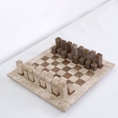 Modernist Chess Game in 2- Colored Travertine, Italy, 1970s, Set of 33-JG-1785211