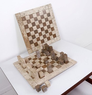 Modernist Chess Game in 2- Colored Travertine, Italy, 1970s, Set of 33-JG-1785211