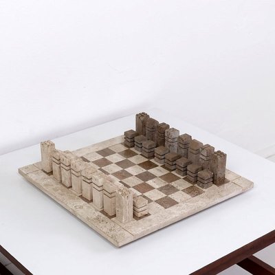 Modernist Chess Game in 2- Colored Travertine, Italy, 1970s, Set of 33-JG-1785211