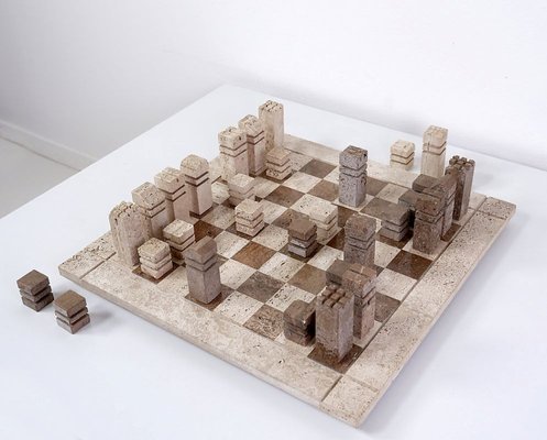 Modernist Chess Game in 2- Colored Travertine, Italy, 1970s, Set of 33-JG-1785211