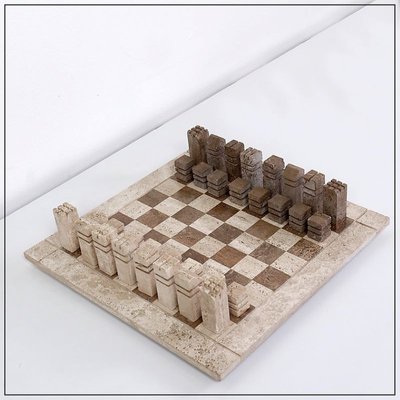 Modernist Chess Game in 2- Colored Travertine, Italy, 1970s, Set of 33-JG-1785211