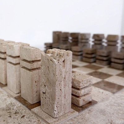 Modernist Chess Game in 2- Colored Travertine, Italy, 1970s, Set of 33-JG-1785211