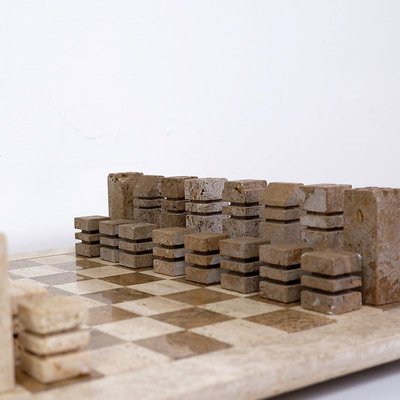 Modernist Chess Game in 2- Colored Travertine, Italy, 1970s, Set of 33-JG-1785211