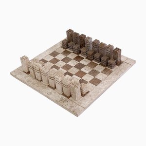 Modernist Chess Game in 2- Colored Travertine, Italy, 1970s, Set of 33-JG-1785211