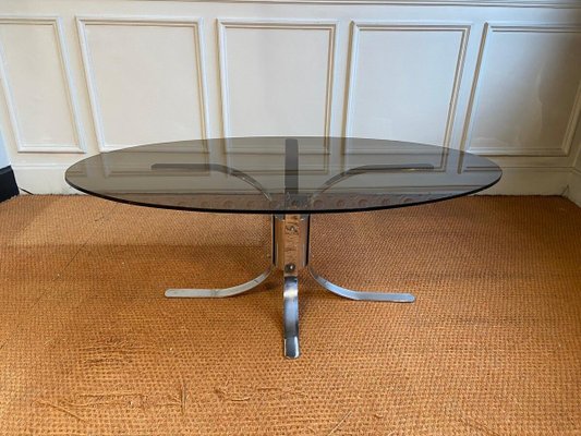 Modernist Chromed Foot and Smoked Glass Top Table, Italy, 1960s-JG-1358467