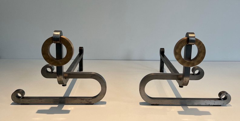 Modernist Chromed Steel Chenets in Brass and Wrought Iron, 1970s, Set of 2-BA-1621390