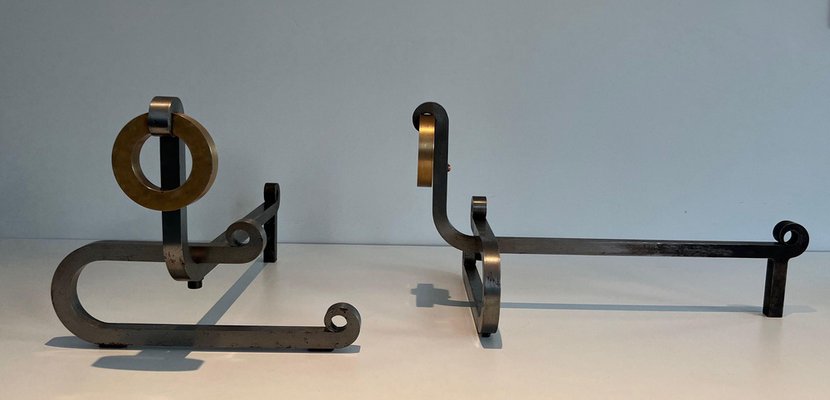 Modernist Chromed Steel Chenets in Brass and Wrought Iron, 1970s, Set of 2-BA-1621390