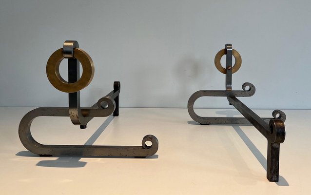 Modernist Chromed Steel Chenets in Brass and Wrought Iron, 1970s, Set of 2-BA-1621390