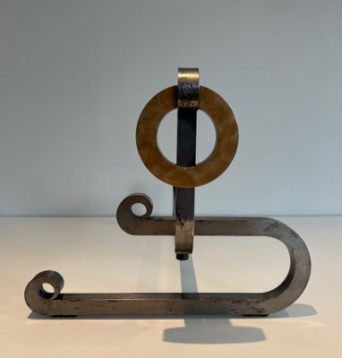 Modernist Chromed Steel Chenets in Brass and Wrought Iron, 1970s, Set of 2-BA-1621390