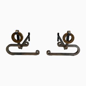 Modernist Chromed Steel Chenets in Brass and Wrought Iron, 1970s, Set of 2-BA-1621390