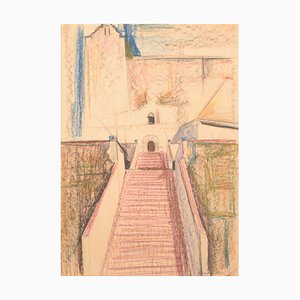 Modernist Church and Stairway, Mid 20th-Century, Crayon on Paper-AOI-1106748