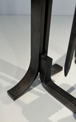 Modernist Fire Tools and Stand in Steel and Brass in the style of Jacques Adnet, 1970s, Set of 4-BA-1786663