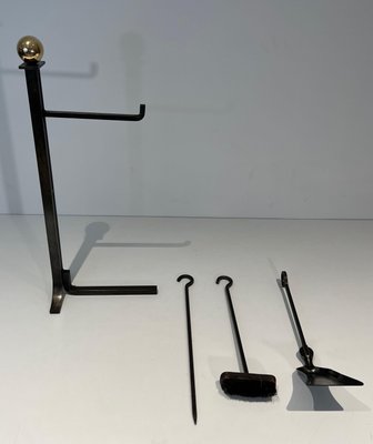 Modernist Fire Tools and Stand in Steel and Brass in the style of Jacques Adnet, 1970s, Set of 4-BA-1786663