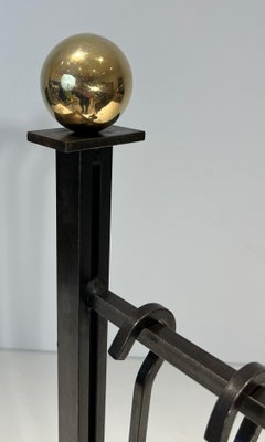 Modernist Fire Tools and Stand in Steel and Brass in the style of Jacques Adnet, 1970s, Set of 4-BA-1786663