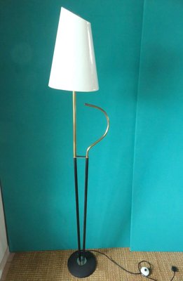 Modernist French Brass & Black Steel Floor Lamp, 1950s-AC-899920