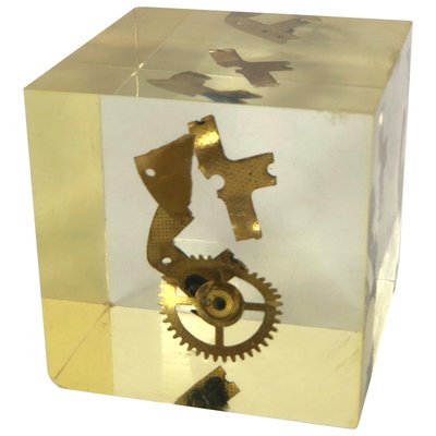 Modernist French Cube Sculpture in Acrylic Resin with Gears by Pierre Giraudon, 1970s-LYQ-1171718