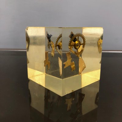 Modernist French Cube Sculpture in Acrylic Resin with Gears by Pierre Giraudon, 1970s-LYQ-1171718