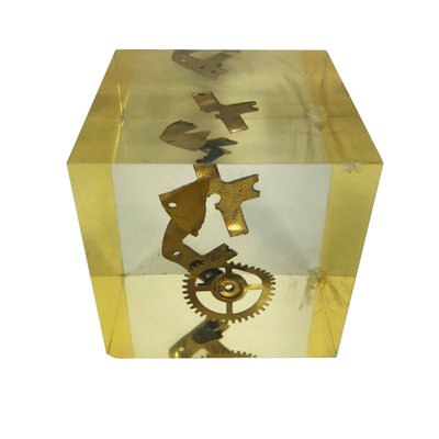 Modernist French Cube Sculpture in Acrylic Resin with Gears by Pierre Giraudon, 1970s-LYQ-1171718