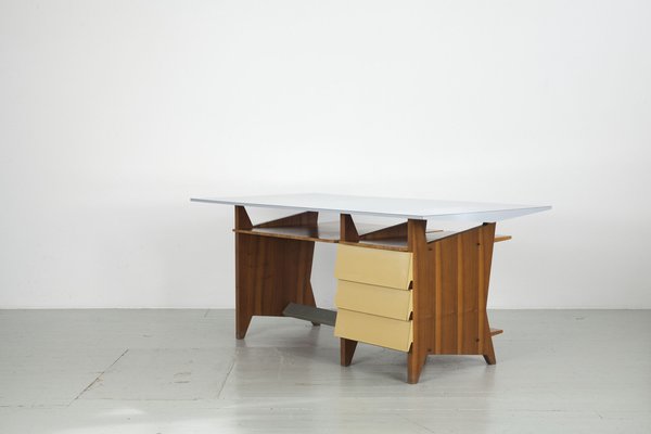 Modernist Italian Desk with Three Drawers, Book Storage and Light Blue Formica Table Plate, 1960s-AA-1743553