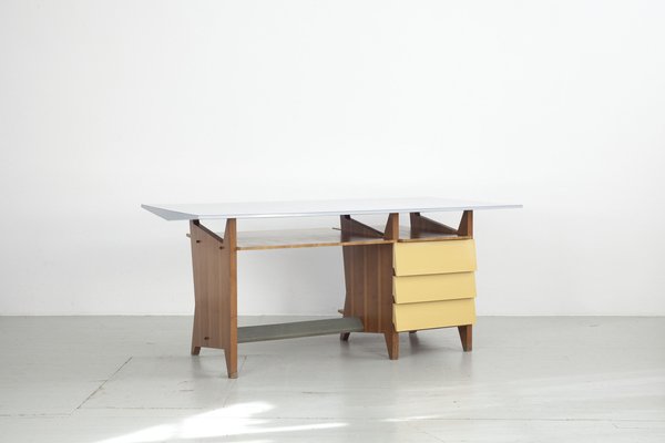 Modernist Italian Desk with Three Drawers, Book Storage and Light Blue Formica Table Plate, 1960s-AA-1743553