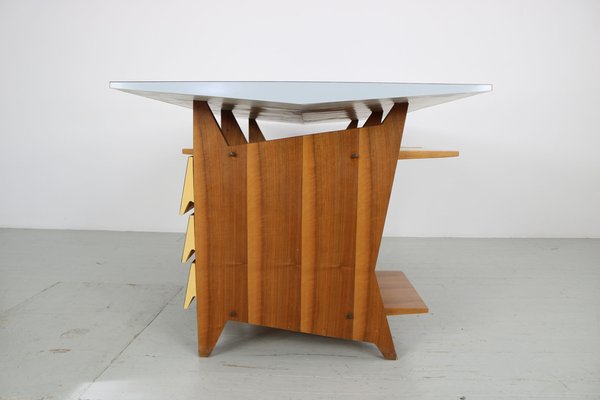 Modernist Italian Desk with Three Drawers, Book Storage and Light Blue Formica Table Plate, 1960s-AA-1743553