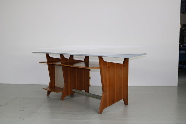 Modernist Italian Desk with Three Drawers, Book Storage and Light Blue Formica Table Plate, 1960s-AA-1743553