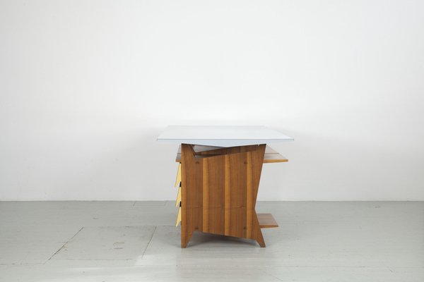 Modernist Italian Desk with Three Drawers, Book Storage and Light Blue Formica Table Plate, 1960s-AA-1743553