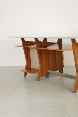 Modernist Italian Desk with Three Drawers, Book Storage and Light Blue Formica Table Plate, 1960s-AA-1743553