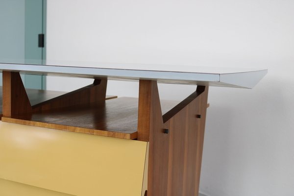 Modernist Italian Desk with Three Drawers, Book Storage and Light Blue Formica Table Plate, 1960s-AA-1743553