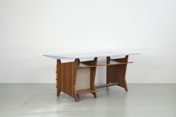 Modernist Italian Desk with Three Drawers, Book Storage and Light Blue Formica Table Plate, 1960s-AA-1743553