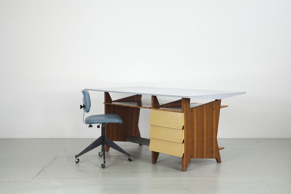 Modernist Italian Desk with Three Drawers, Book Storage and Light Blue Formica Table Plate, 1960s-AA-1743553