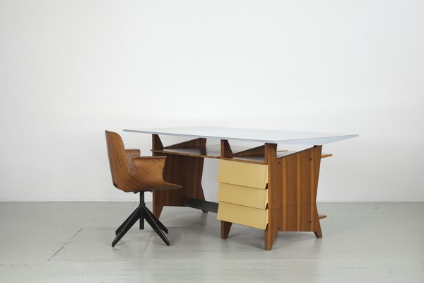 Modernist Italian Desk with Three Drawers, Book Storage and Light Blue Formica Table Plate, 1960s-AA-1743553