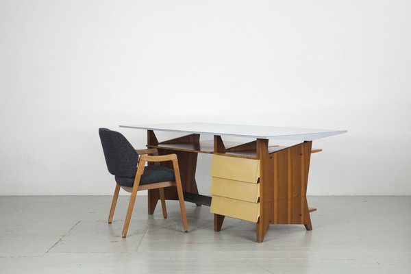 Modernist Italian Desk with Three Drawers, Book Storage and Light Blue Formica Table Plate, 1960s-AA-1743553