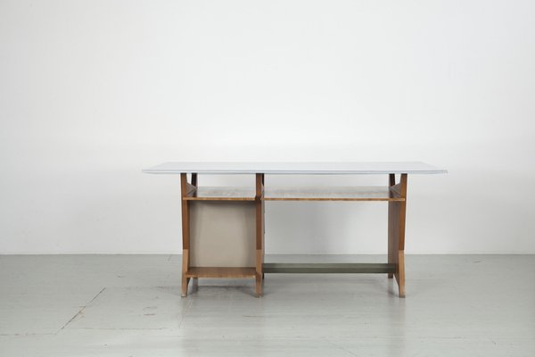 Modernist Italian Desk with Three Drawers, Book Storage and Light Blue Formica Table Plate, 1960s-AA-1743553