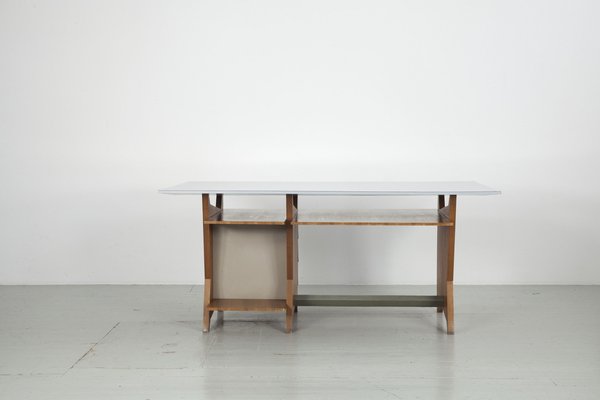 Modernist Italian Desk with Three Drawers, Book Storage and Light Blue Formica Table Plate, 1960s-AA-1743553