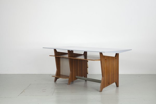 Modernist Italian Desk with Three Drawers, Book Storage and Light Blue Formica Table Plate, 1960s-AA-1743553