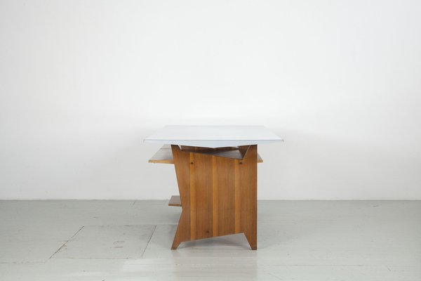 Modernist Italian Desk with Three Drawers, Book Storage and Light Blue Formica Table Plate, 1960s-AA-1743553