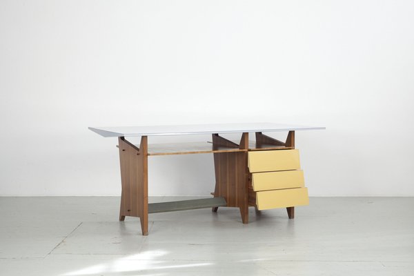 Modernist Italian Desk with Three Drawers, Book Storage and Light Blue Formica Table Plate, 1960s-AA-1743553