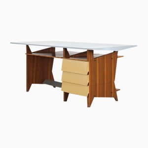 Modernist Italian Desk with Three Drawers, Book Storage and Light Blue Formica Table Plate, 1960s-AA-1743553